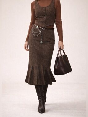 Ann Taylor Loft Wool Silk Blend Brown Midi Skirt Fall